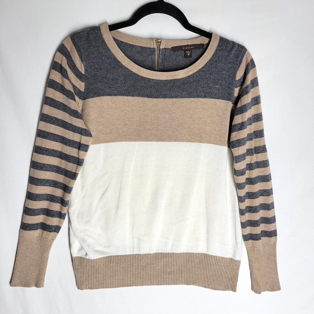 Fever Women's Sweater Beige Gray Striped Boat Neck Back 1/4 Zipped Size Medium